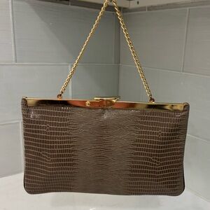 Chic Brown Crocodile Pattern Clutch with Gold Accents